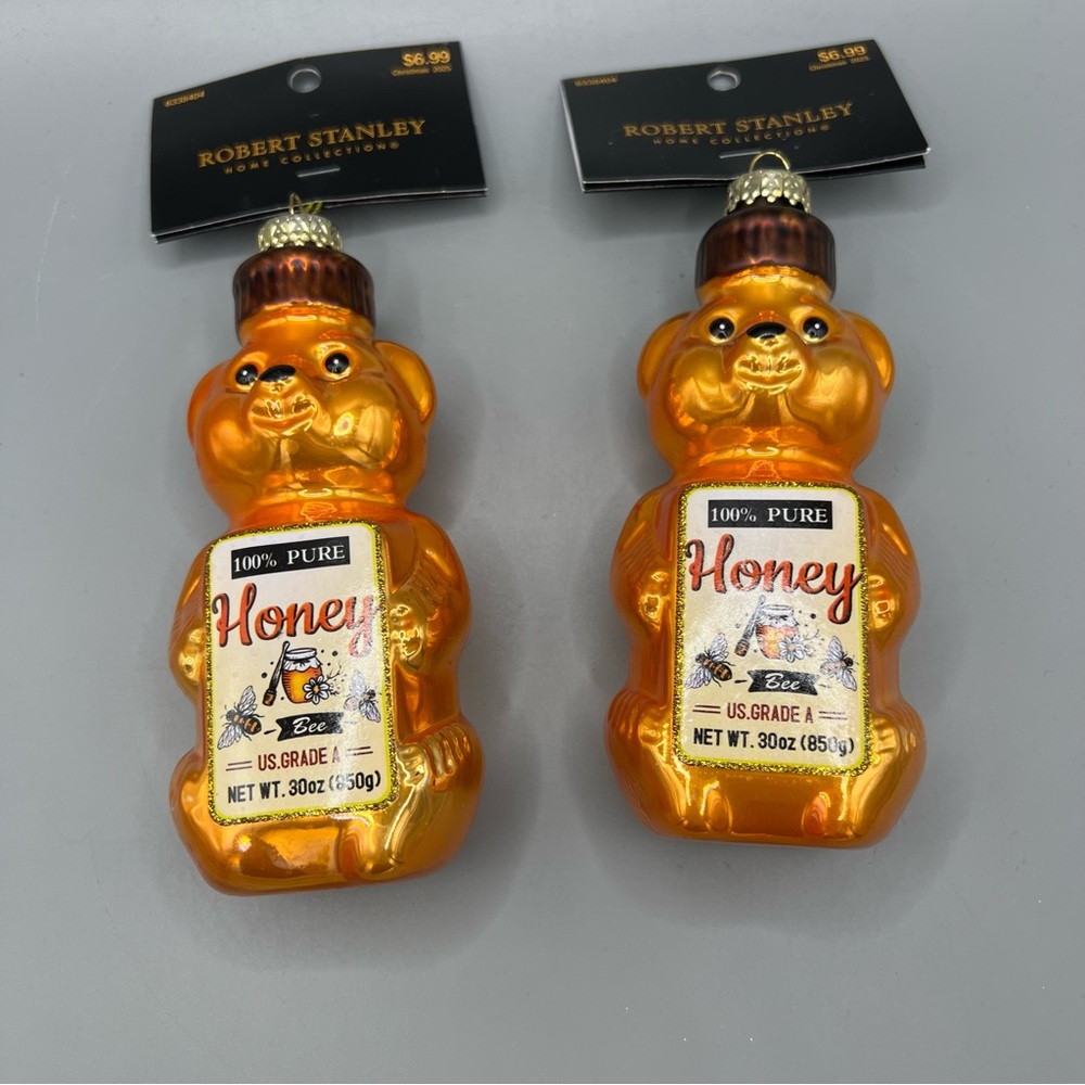 Glass Honey Bear Bottle Christmas Ornament Robert Stanley New 4.75" Lot Of 2